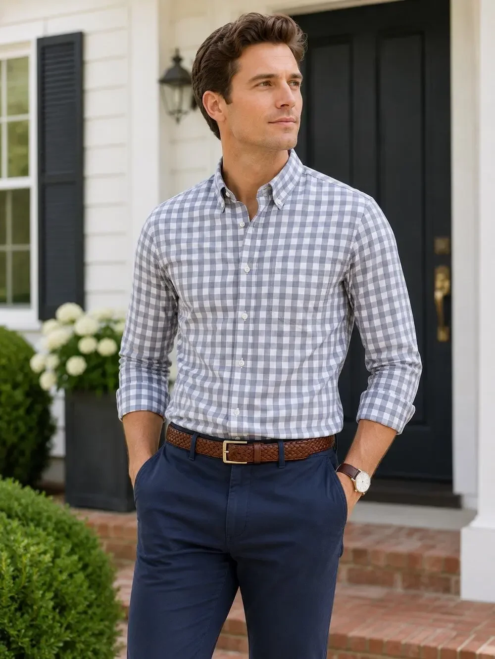 J.Crew Flex Slim Fit Gingham Button Down Shirt Blue Gray Business Casual Preppy